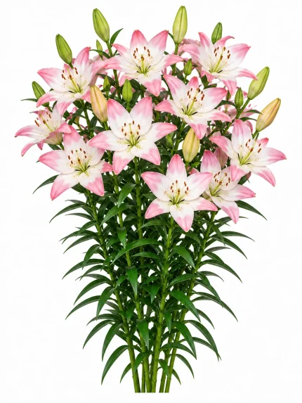 Lilium Sugar Love — beyaz arka planda pembe beyaz çiçekler